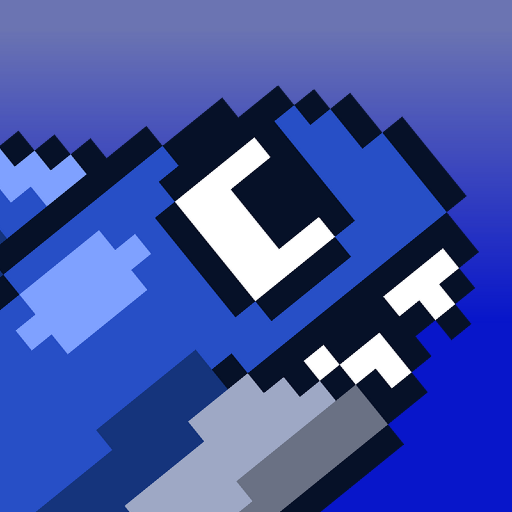 A small blue shark smiling with its mouth open. (From the game 8 bit swim by SMKDEV)