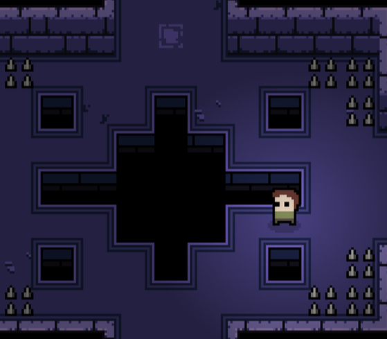 A small boy standing in a purple dungeon surrounded by pitfalls and spikes. (From the game Pocrypt by SMKDEV)
